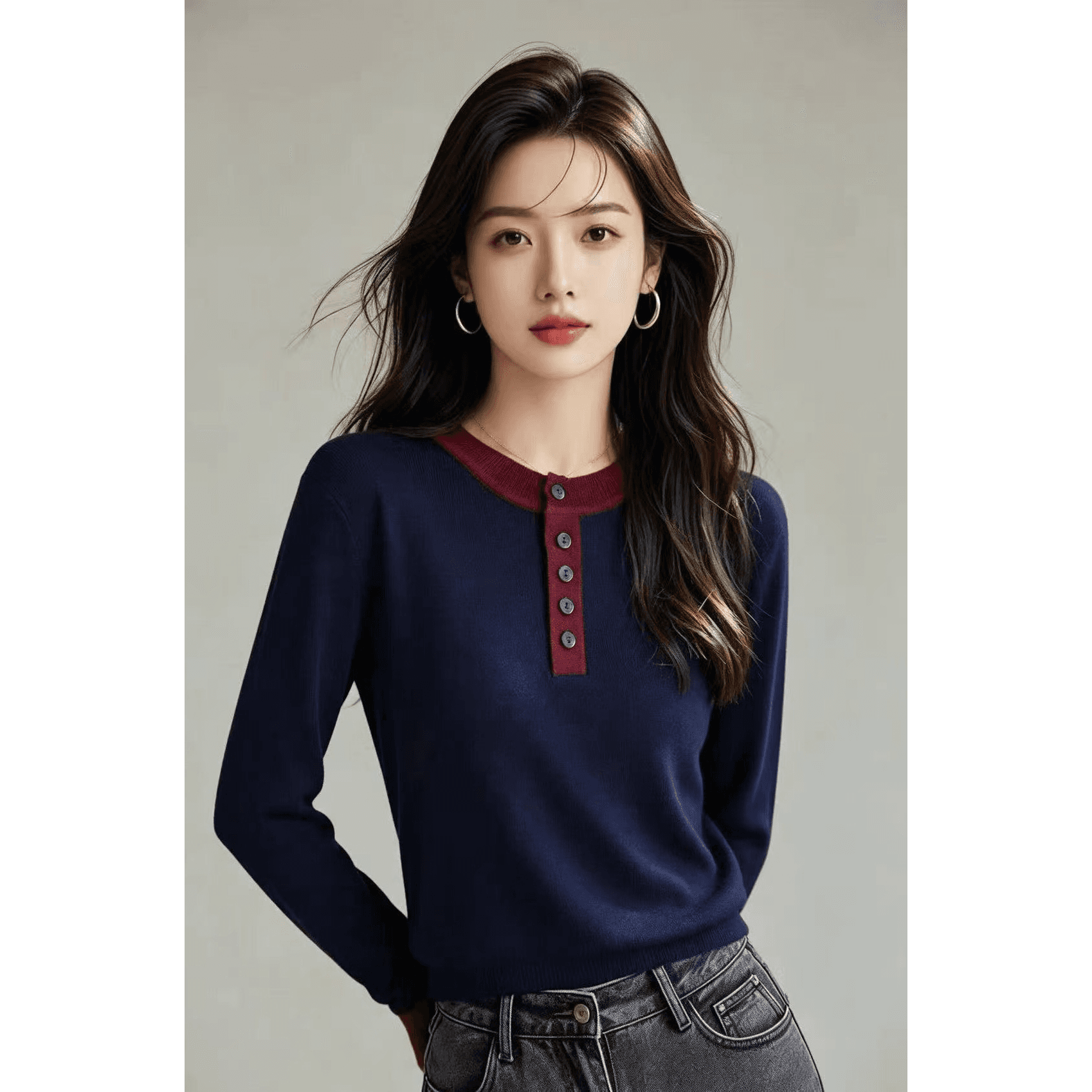 빨간색 V넥 기본 셔츠 가을 겨울 여성 의류 몸매 가꾸기 슬림해 보이는 인사이드 가져 가라. 반 개방 칼라 긍정적 인 어깨 긴팔 티셔츠 맨위 이미지 5