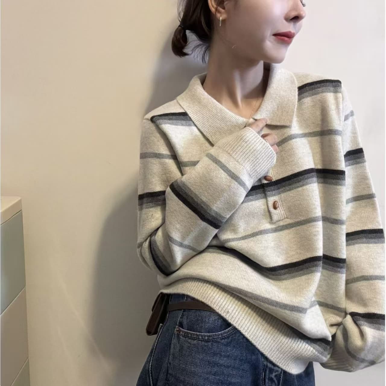 레트로 스트라이프 바람 폴로 칼라 네 버클 풀오버 다용도 셔츠 여성 배색 캐주얼 느긋한 바람 니트 맨위 가을 섹션