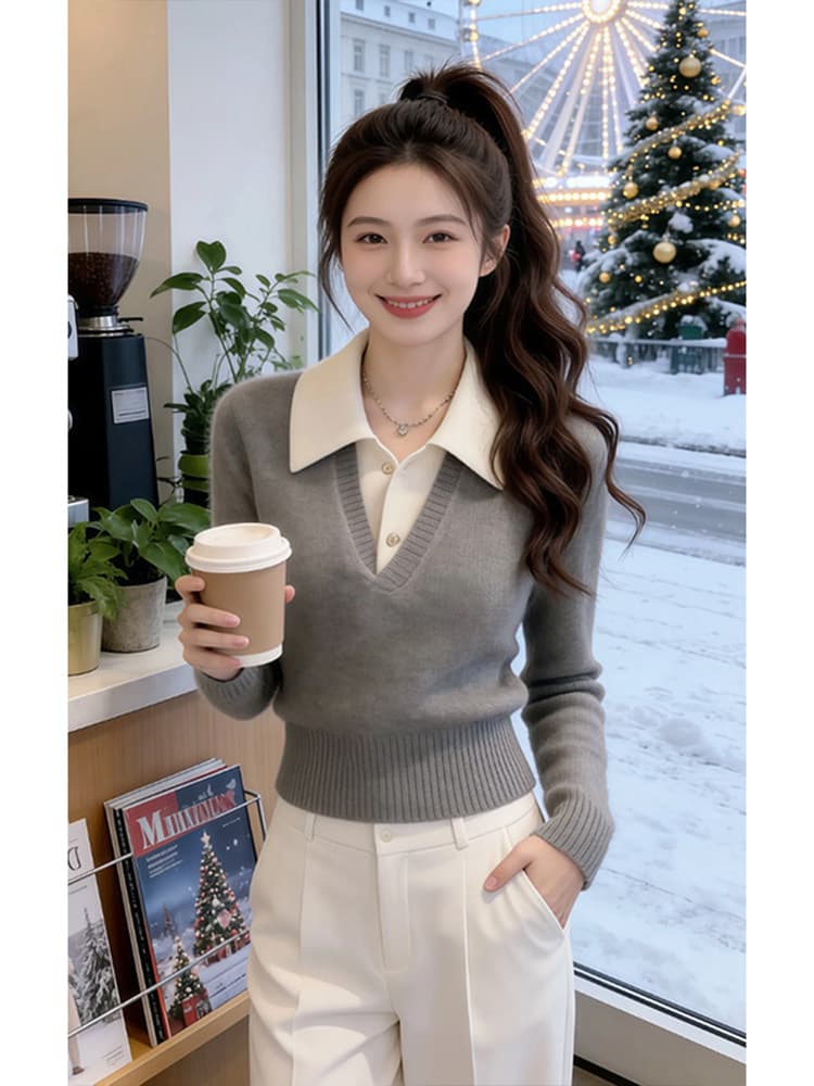 한 부서 부드러운 바람 폴로 칼라 페이크 레이어드 니트 스웨터 여성 2026 가을 겨울 몸매 가꾸기 V넥 일상 출퇴근 부드러운 찹쌀 맨위 상세 이미지 4