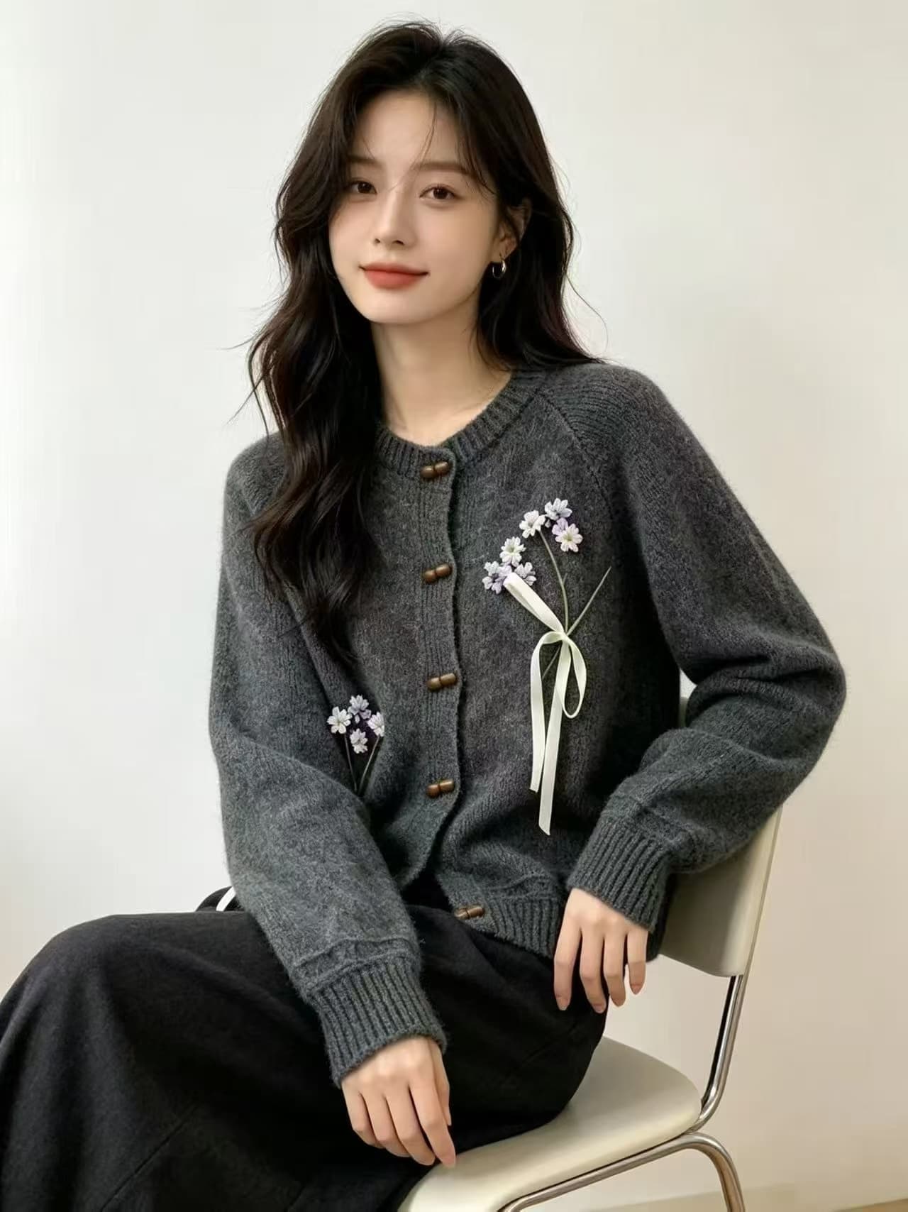 자수 꽃 나비 매듭 스웨터 오픈 가디건 여성 봄 가을 부드러운 찹쌀 느긋한 바람 루즈핏 디자인 달콤함 니트 재킷 상세 이미지 3