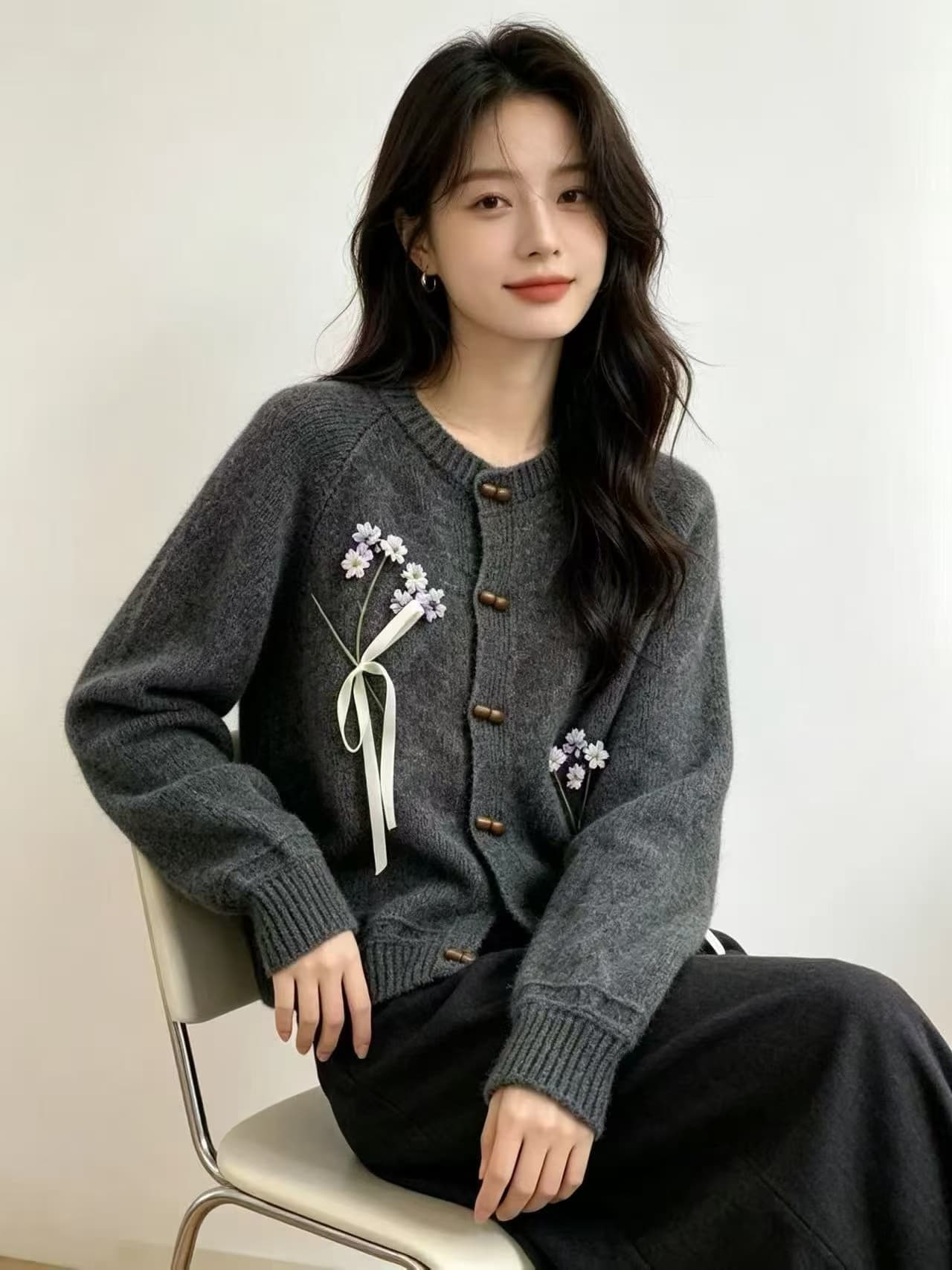 자수 꽃 나비 매듭 스웨터 오픈 가디건 여성 봄 가을 부드러운 찹쌀 느긋한 바람 루즈핏 디자인 달콤함 니트 재킷 상세 이미지 6