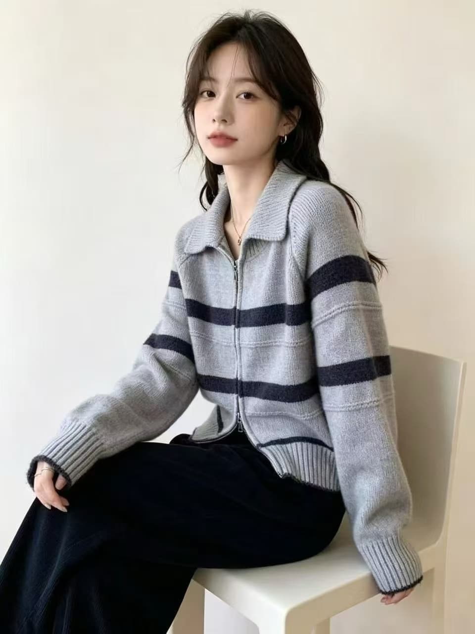 슈퍼 잘 생긴 ~ 중 한 부서 스트라이프 스웨터 여자 2026 새로운 가을 겨울 니트 오픈 가디건 한국 동다 문에 외투 이미지 2