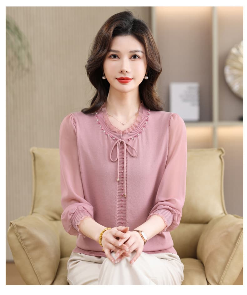 외국 가스 어머니 드레스 2026 새로운 쉬폰 패치워크 니트 스웨터 중년 여성 봄 가을 패션 다용도 니트 스웨터 상세 이미지 14
