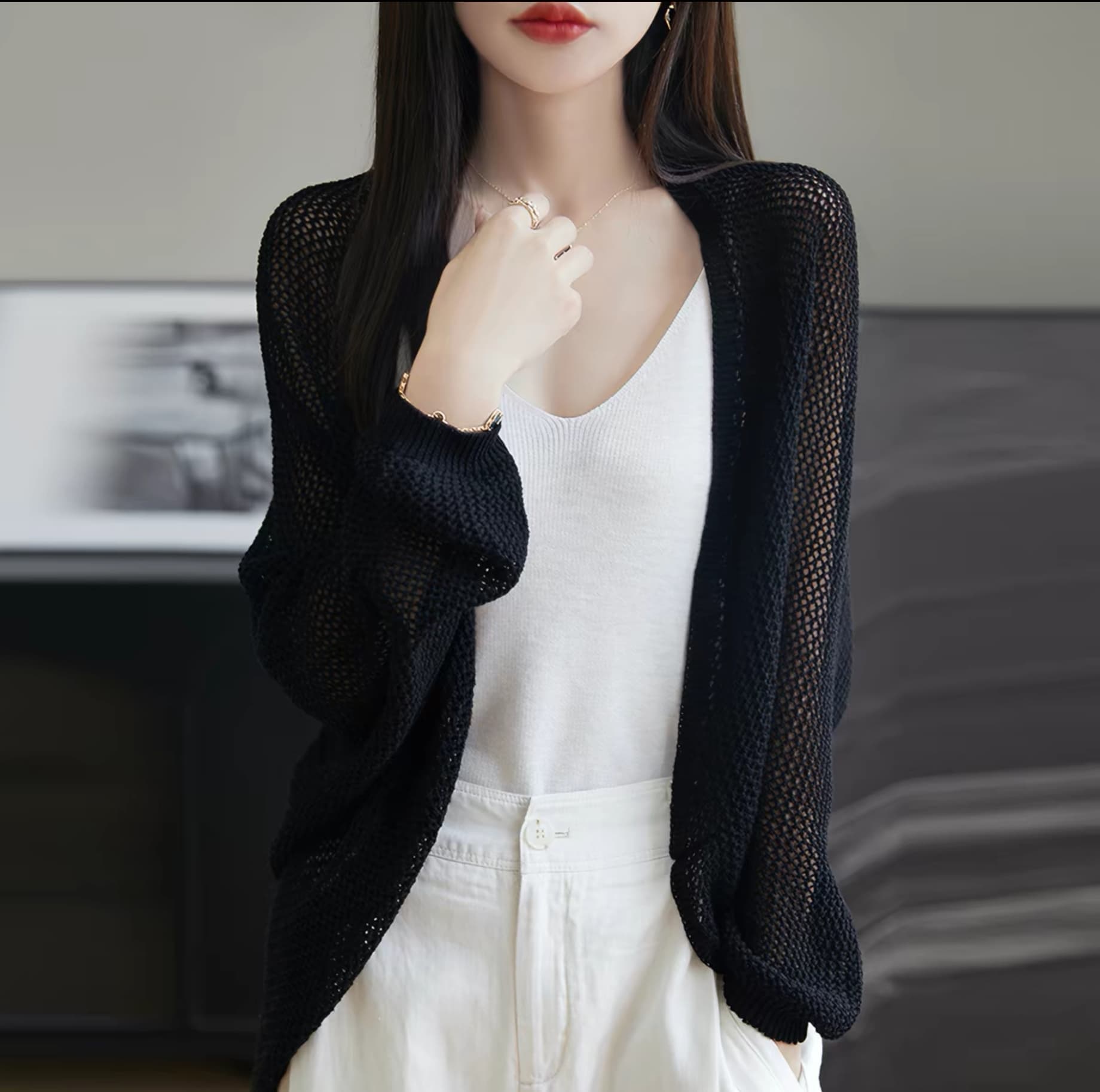 2026 여름 새로운 블라우스 메쉬 에어컨 셔츠 여성 박쥐 셔츠 숄 외부 가져 가라. 오픈 가디건 얇은 스타일 니트 맨위 상세 이미지 2