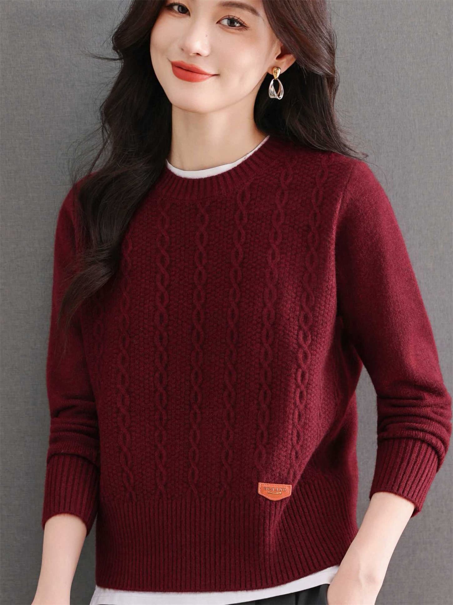 어머니 드레스 가을 겨울 새로운 마 무늬 모직물 중노년 라운드 넥 단색 보온 맨위 루즈핏 슬림해 보이는 인사이드 가져 가라.