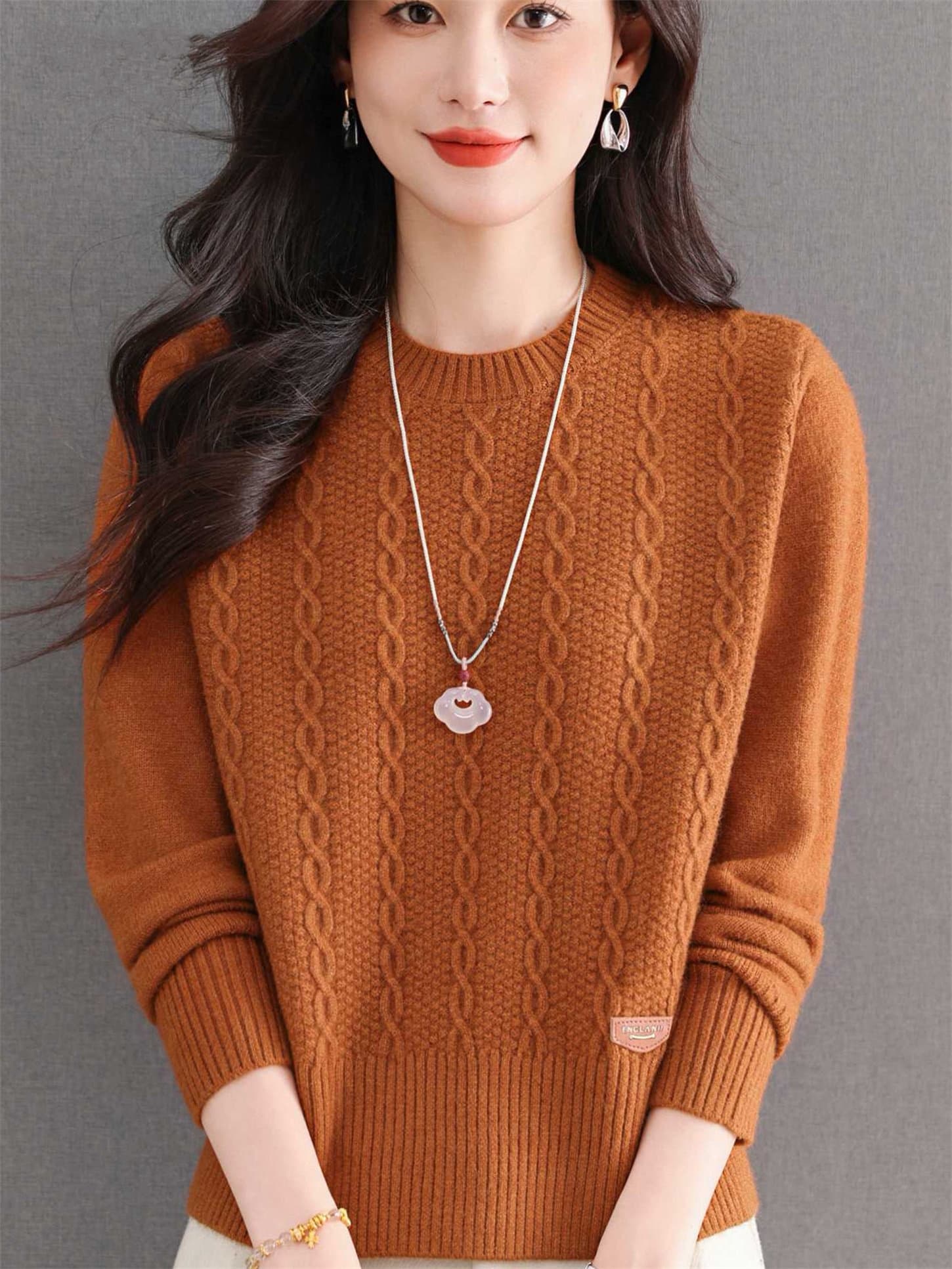 어머니 드레스 가을 겨울 새로운 마 무늬 모직물 중노년 라운드 넥 단색 보온 맨위 루즈핏 슬림해 보이는 인사이드 가져 가라. 이미지 4