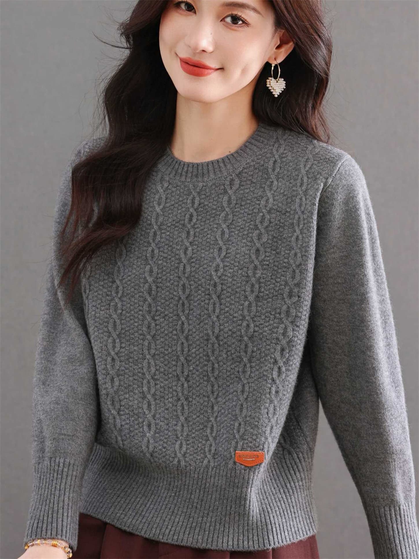 어머니 드레스 가을 겨울 새로운 마 무늬 모직물 중노년 라운드 넥 단색 보온 맨위 루즈핏 슬림해 보이는 인사이드 가져 가라. 상세 이미지 2