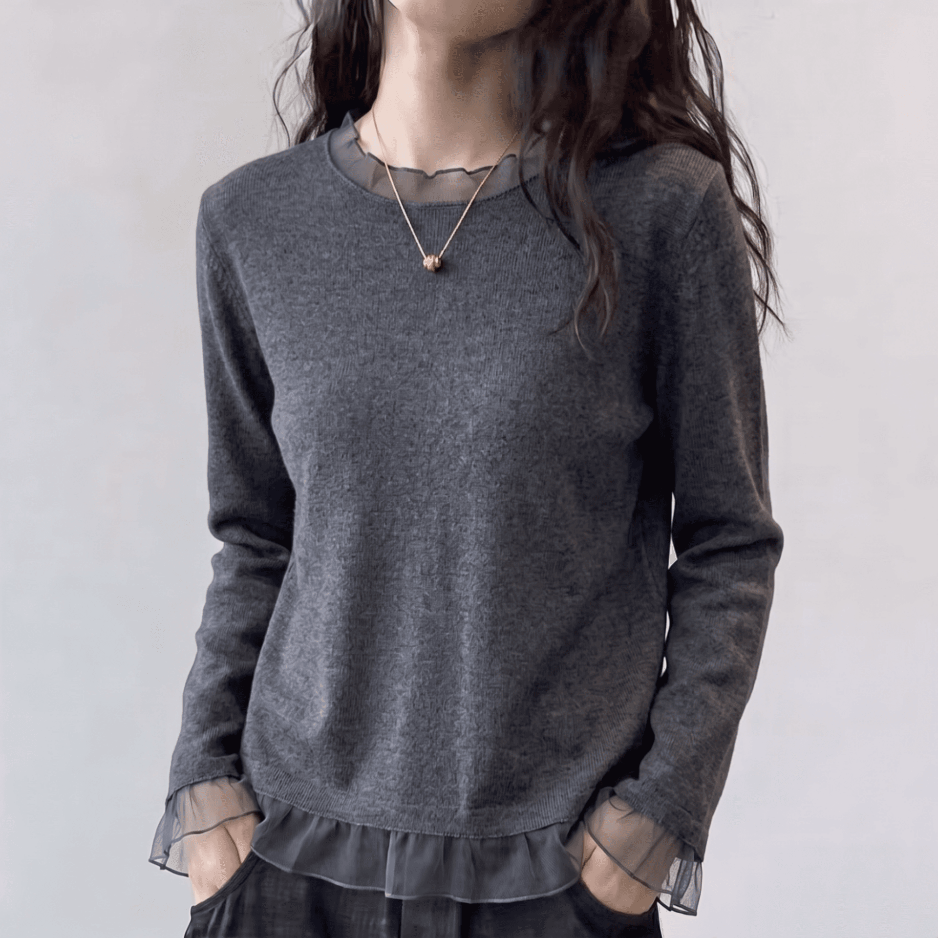 페이크 레이어드 망사 긍정적 인 어깨 긴팔 티셔츠 여성 2026 조기 가을 새로운 인사이드 가져 가라. 기본 셔츠 맨위 이미지 3