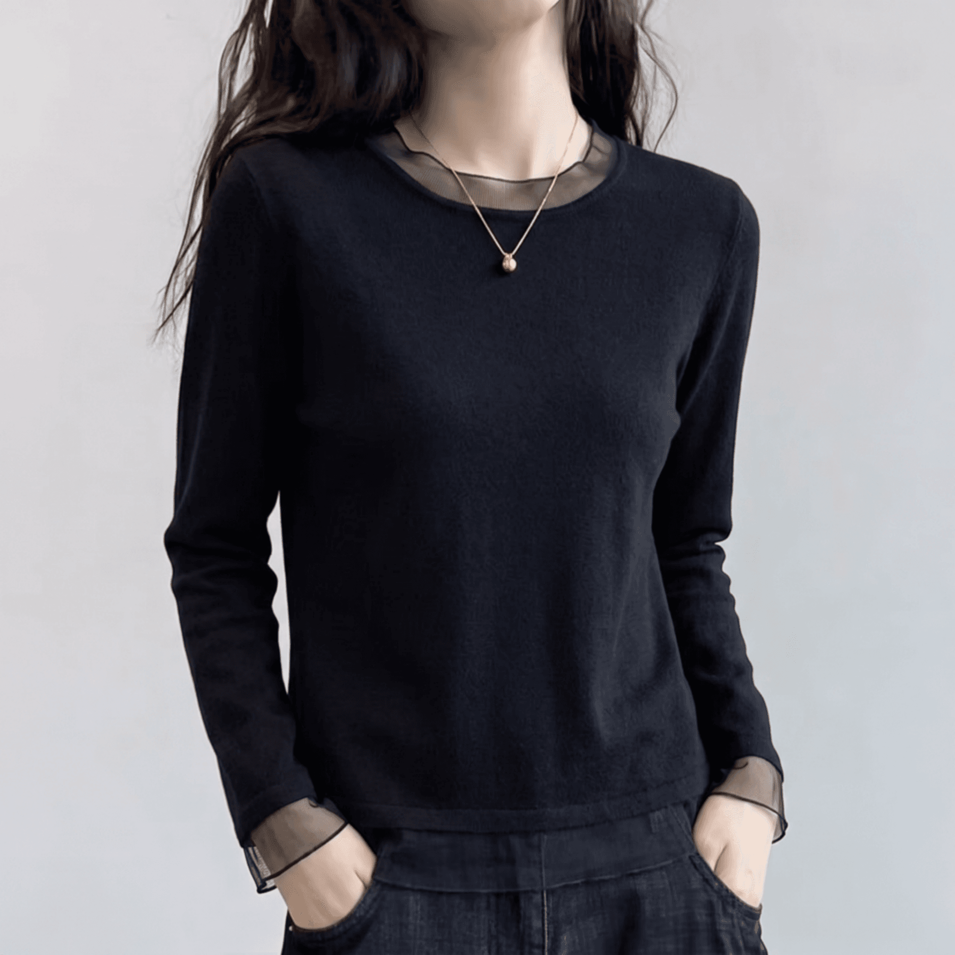 페이크 레이어드 망사 긍정적 인 어깨 긴팔 티셔츠 여성 2026 조기 가을 새로운 인사이드 가져 가라. 기본 셔츠 맨위 상세 이미지 6