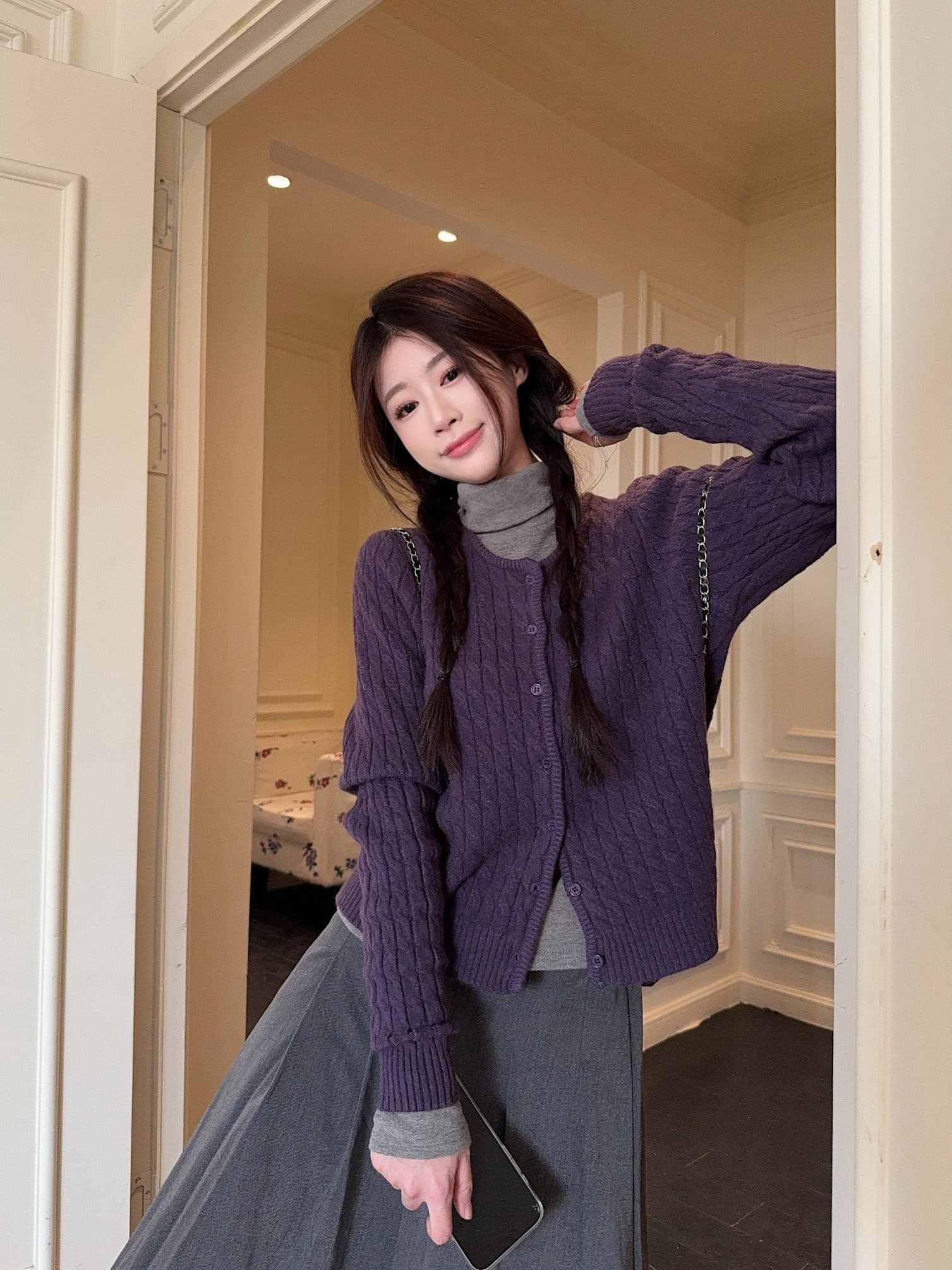 고급 센스 보라색 한 부서 니트 오픈 가디건 여성 가을 겨울 품격 슬림해 보이는 다용도 느긋한 루즈핏 스웨터 코트 맨위 이미지 4