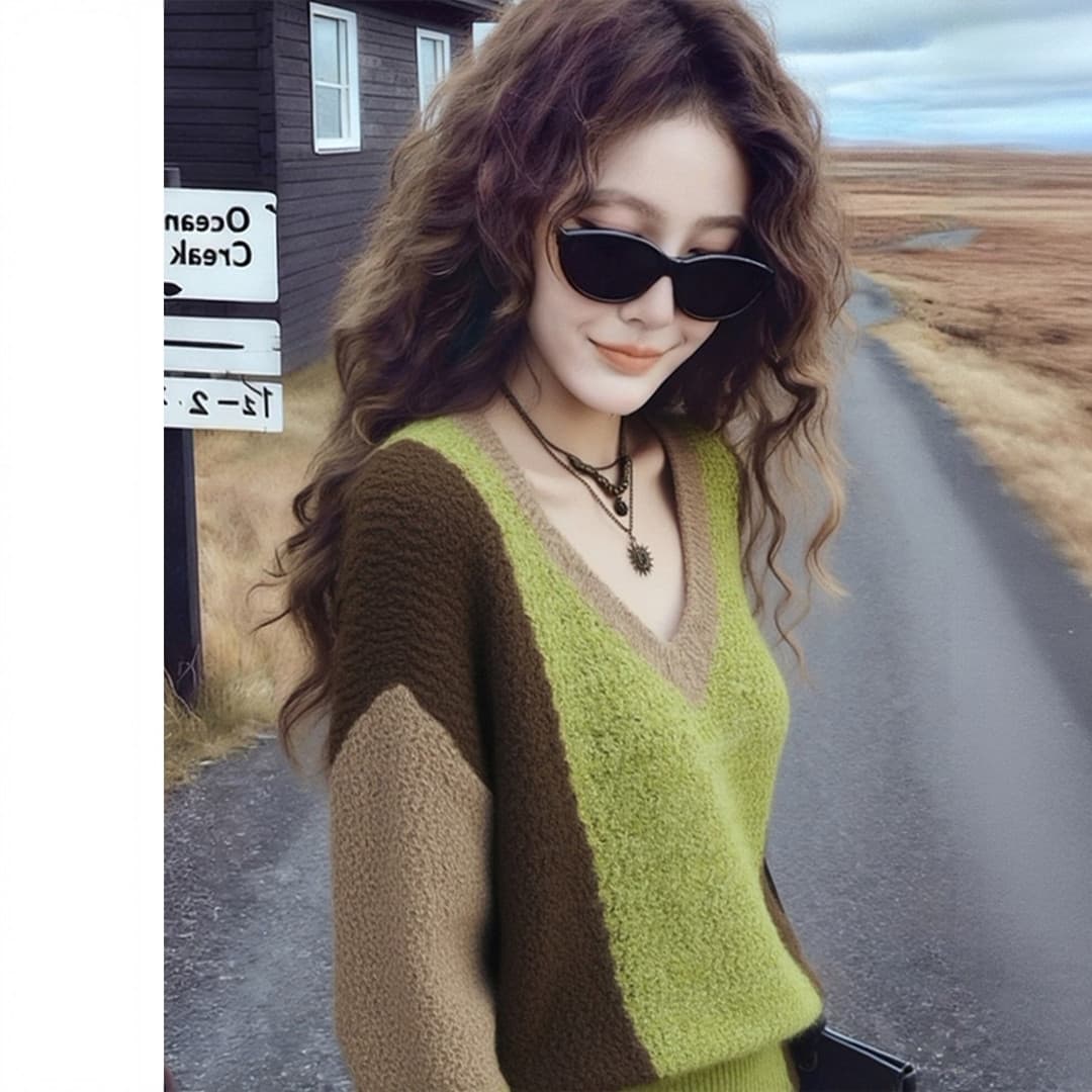 겨울 한 부서 루즈핏 느긋한 바람 녹색 스웨터 고급 외국 가스 연령 감소 자이언트 잘 생긴 배색 V넥 니트 스웨터 여성 상세 이미지 6