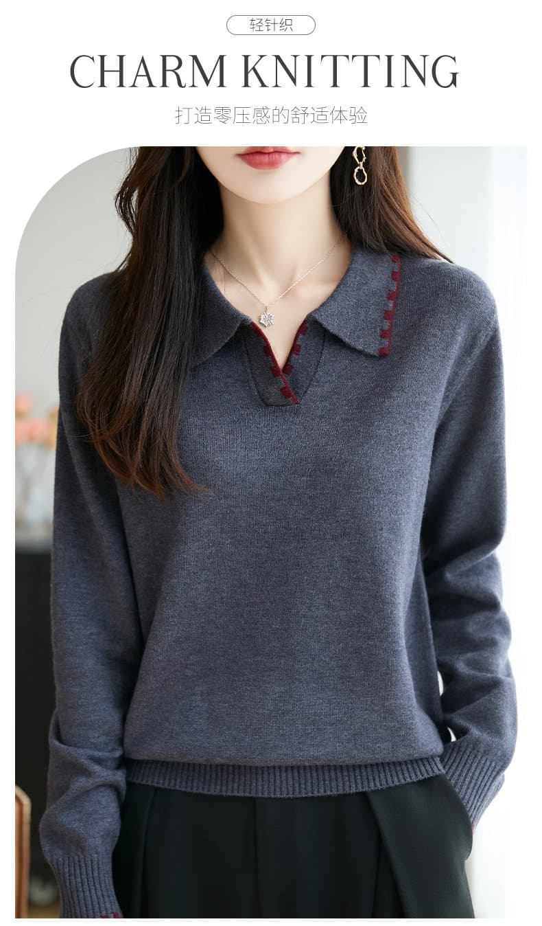 고급 2026 봄 가을 빅 사이즈 POLO 칼라 스웨터 여자 표지 배 자이언트 슬림해 보이는 맨위 인사이드 가져 가라. 니트 기본 셔츠 상세 이미지 1