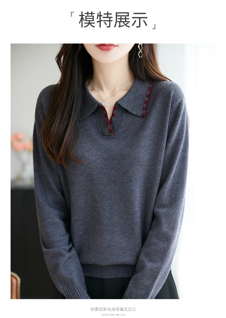 고급 2026 봄 가을 빅 사이즈 POLO 칼라 스웨터 여자 표지 배 자이언트 슬림해 보이는 맨위 인사이드 가져 가라. 니트 기본 셔츠 상세 이미지 4