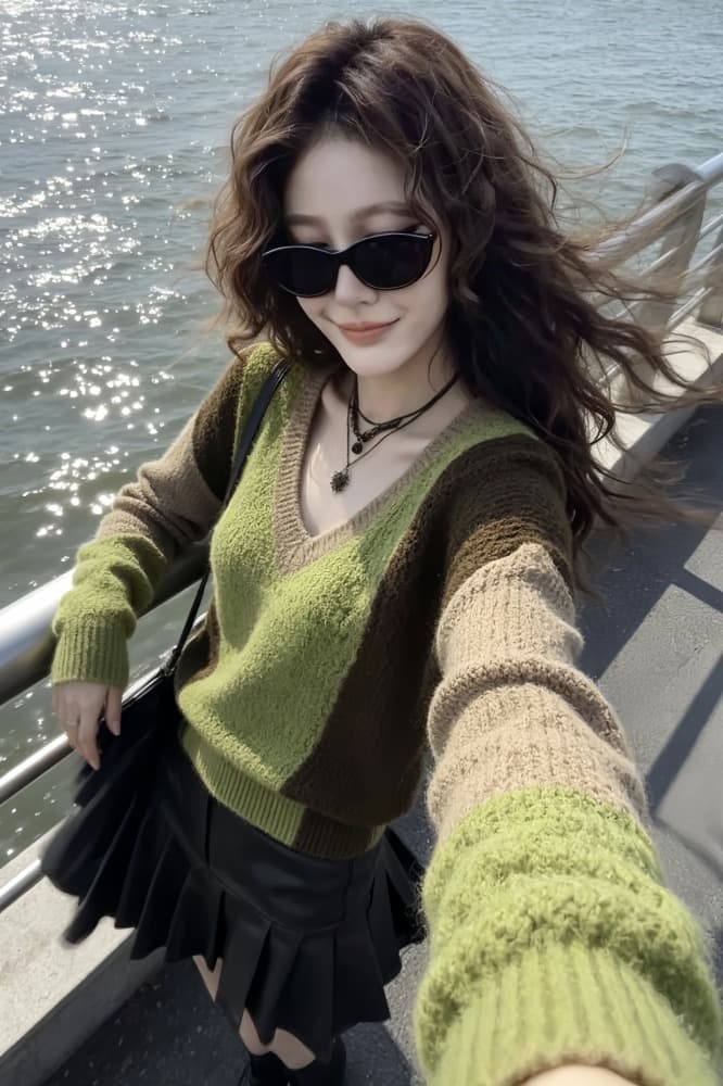 겨울 한 부서 루즈핏 느긋한 바람 녹색 스웨터 고급 외국 가스 연령 감소 자이언트 잘 생긴 배색 V넥 니트 스웨터 여성