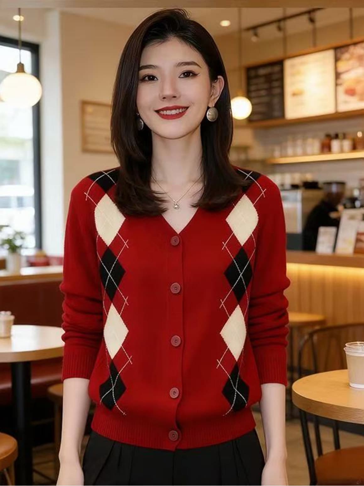가을 겨울 새로운 크리스마스 레드 패치워크 색상 링 그리드 긴팔 V넥 니트 스웨터 오픈 가디건 여성 의류 품격 출퇴근 스웨터 코트 상세 이미지 2