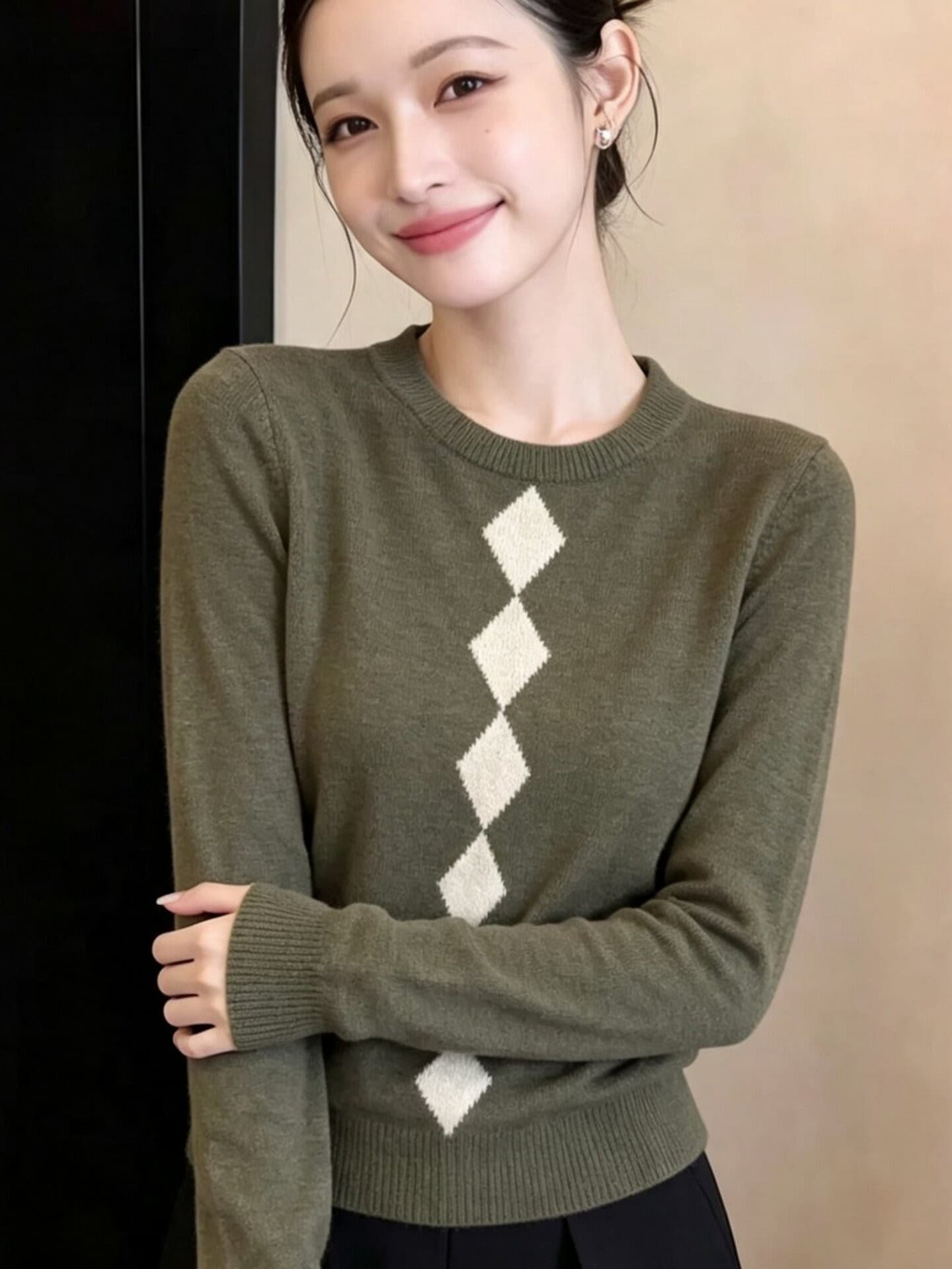 레트로 라운드 넥 링 그리드 긴팔 니트 스웨터 여성 가을 겨울 새로운 풀오버 외국 가스 연령 감소 인사이드 가져 가라. 부드러운 찹쌀 스웨터 맨위 상세 이미지 3
