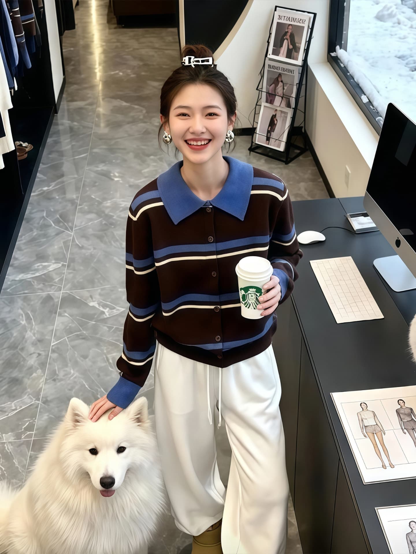 커피 색상 패치워크 폴로 칼라 스트라이프 인사이드 가져 가라. 수 있습니다. 외출용 니트 스웨터 여성 2026 조기 가을 한 부서 고유 한 아름다운 맨위 상세 이미지 5