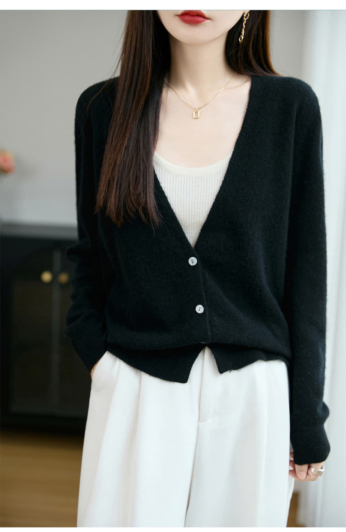 프랑스식 미니멀리즘 양모 니트 오픈 가디건 여성 V넥 스웨터 2026 가을 겨울 새로운 외부 가져 가라. 스택 착용 재킷 상세 이미지 4