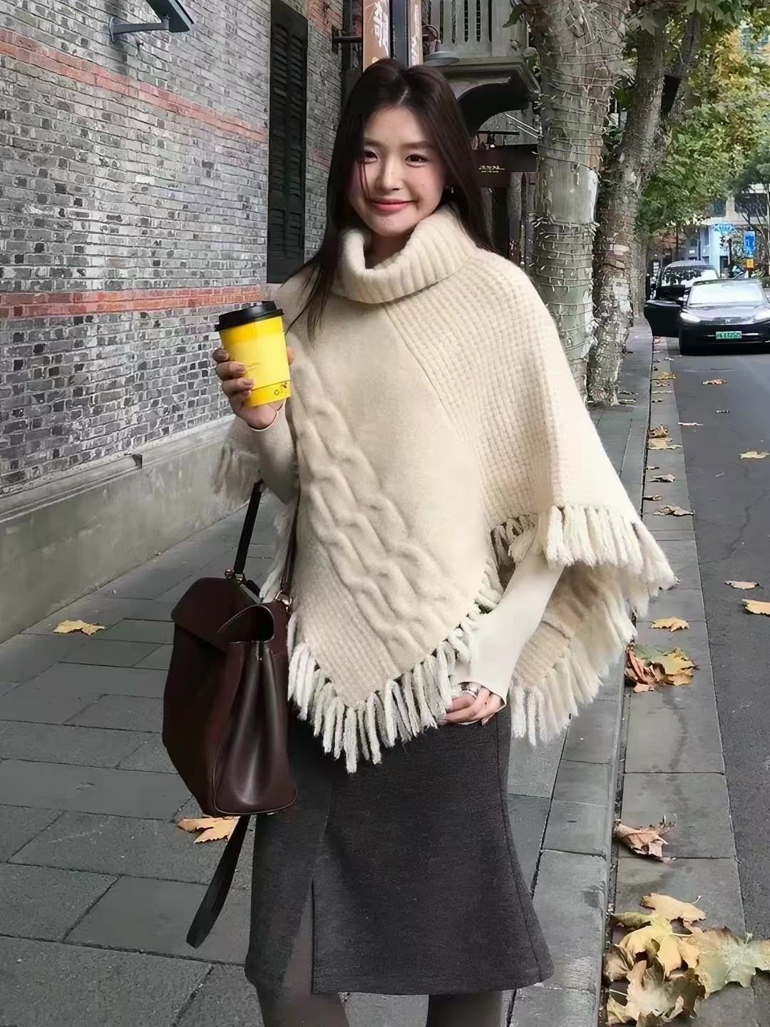 한 부서 화이트 터틀넥 술 숄 망토 스웨터 여자 조기 가을 고급 센스 느긋한 루즈핏 불규칙 맨위