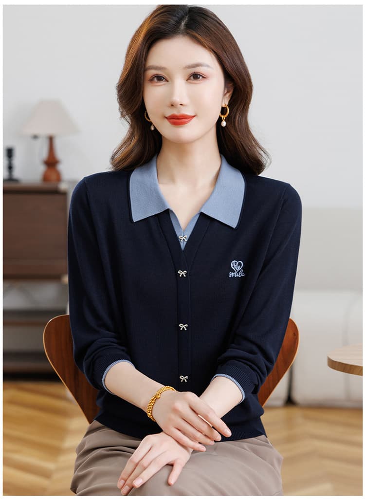 중년 엄마 2026 봄과 가을 옷 폴로 칼라 니트 티셔츠 여성 루즈핏 빅 사이즈 고급 페이크 레이어드 만나는 맨위 상세 이미지 19