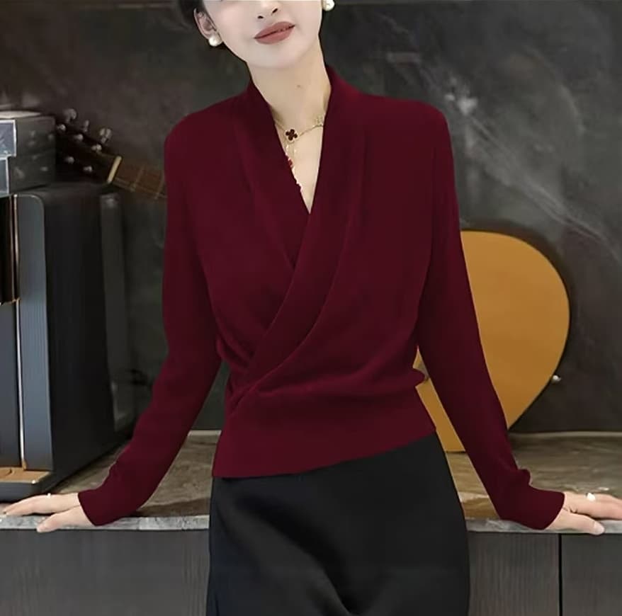 고급 센스 어둠 우아한 보라색 V넥 긴팔 니트 스웨터 여성 겨울 2026 새로운 부드러운 찹쌀 패션 다용도 품격 스웨터 상세 이미지 2