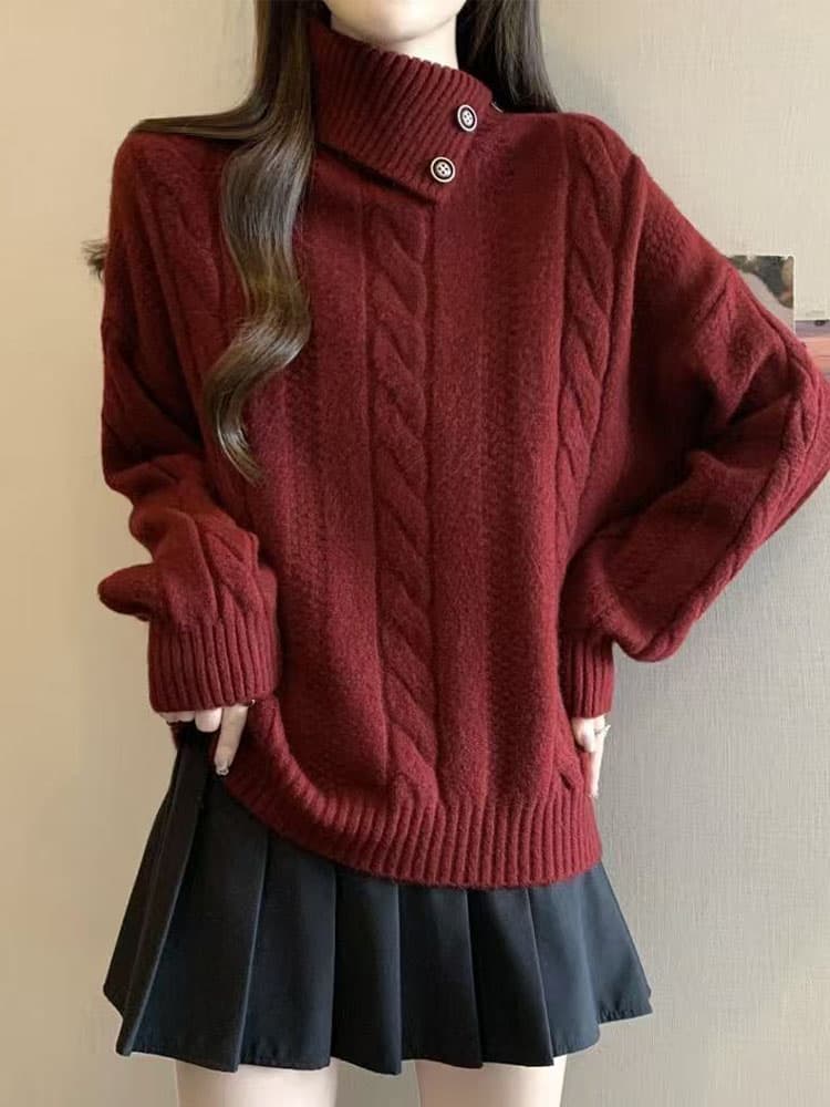 순수한 카디건 여성 불규칙 폴로 칼라 스웨터 가을 겨울철 두꺼운 고급 센스 터틀넥 니트 스웨터 맨위 상세 이미지 7