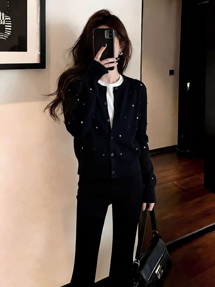한 부서 검정색 핫픽스 니트 오픈 가디건 여성 이른 가을 착용 가져 가라. 고급 센스 품격 스웨터 코트 외부 가져 가라. 쇼트 스타일 맨위 이미지 3