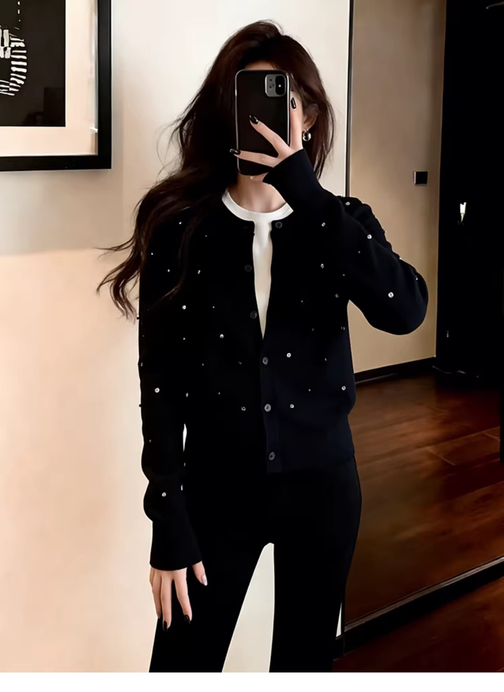 한 부서 검정색 핫픽스 니트 오픈 가디건 여성 이른 가을 착용 가져 가라. 고급 센스 품격 스웨터 코트 외부 가져 가라. 쇼트 스타일 맨위 상세 이미지 2