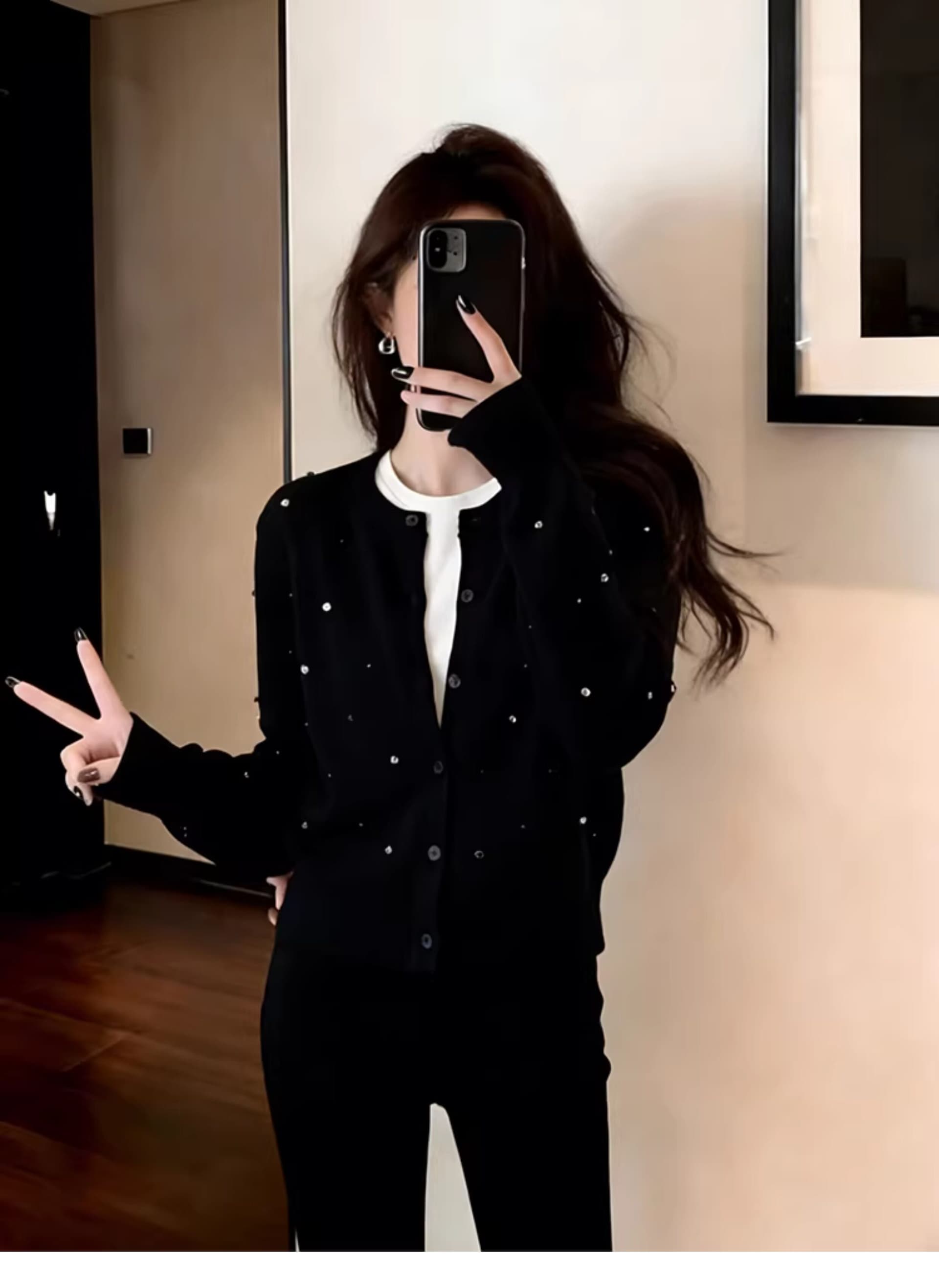 한 부서 검정색 핫픽스 니트 오픈 가디건 여성 이른 가을 착용 가져 가라. 고급 센스 품격 스웨터 코트 외부 가져 가라. 쇼트 스타일 맨위 상세 이미지 3