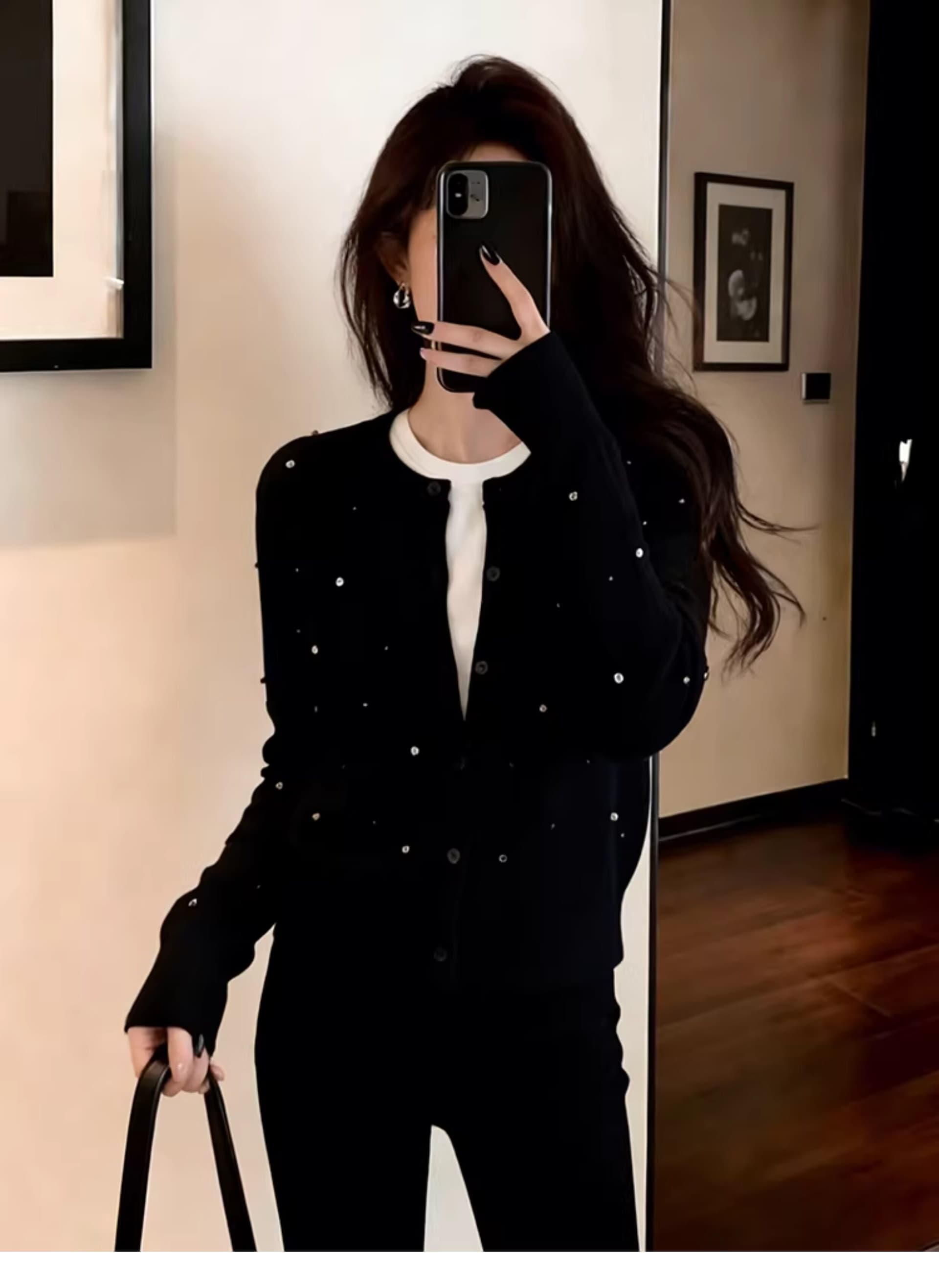 한 부서 검정색 핫픽스 니트 오픈 가디건 여성 이른 가을 착용 가져 가라. 고급 센스 품격 스웨터 코트 외부 가져 가라. 쇼트 스타일 맨위 상세 이미지 4