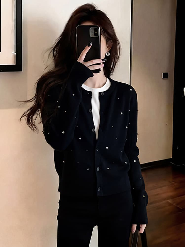 한 부서 검정색 핫픽스 니트 오픈 가디건 여성 이른 가을 착용 가져 가라. 고급 센스 품격 스웨터 코트 외부 가져 가라. 쇼트 스타일 맨위 상세 이미지 5