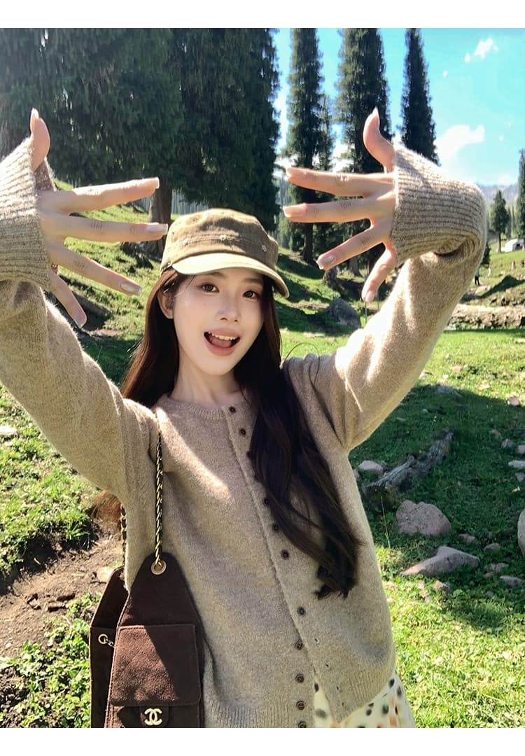 트렌디 놀이 아티스트 부드러운 찹쌀 출퇴근 세련된 니트 오픈 가디건 양모 혼방 라운드 넥 스웨터 y 상세 이미지 1
