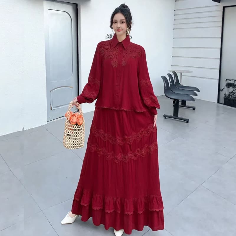 프랑스식 레트로 자수 홀로우 아웃 셔츠 반신 치마 세트 여성 슬림해 보이는 케이크 드레스 투피스 세트 lq716 이미지 3