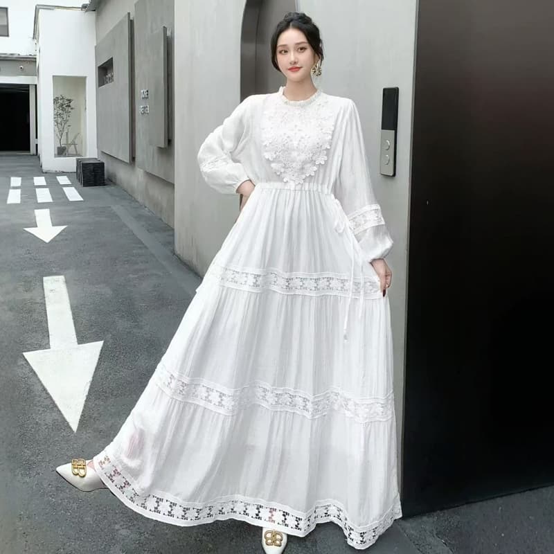 레트로 숙녀 바람 레이스 조각 드레스 여성 긴 소매 허리 수축 슬림해 보이는 품격 롱 스커트 빅 플레어 스커트 lq723 이미지 3
