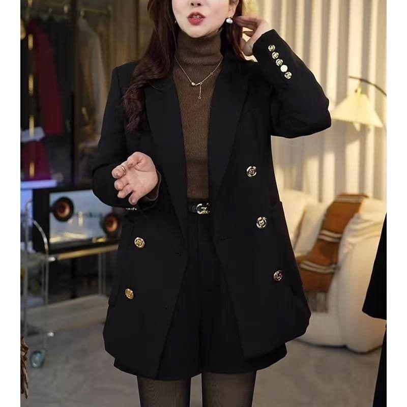 검정색 이중 버튼 솜을 넣은 두꺼운 정장 여성 코트 가을 겨울 새로운 고급 센스 품격 슬림해 보이는 다용도 작은 정장 이미지 2