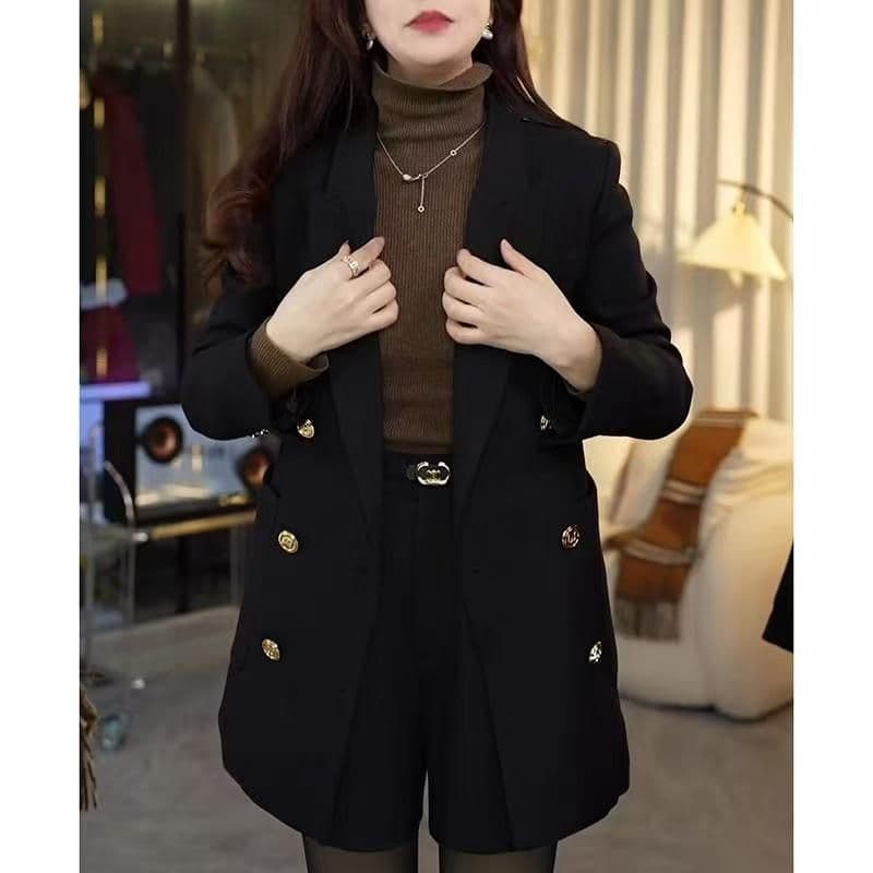 검정색 이중 버튼 솜을 넣은 두꺼운 정장 여성 코트 가을 겨울 새로운 고급 센스 품격 슬림해 보이는 다용도 작은 정장 상세 이미지 4