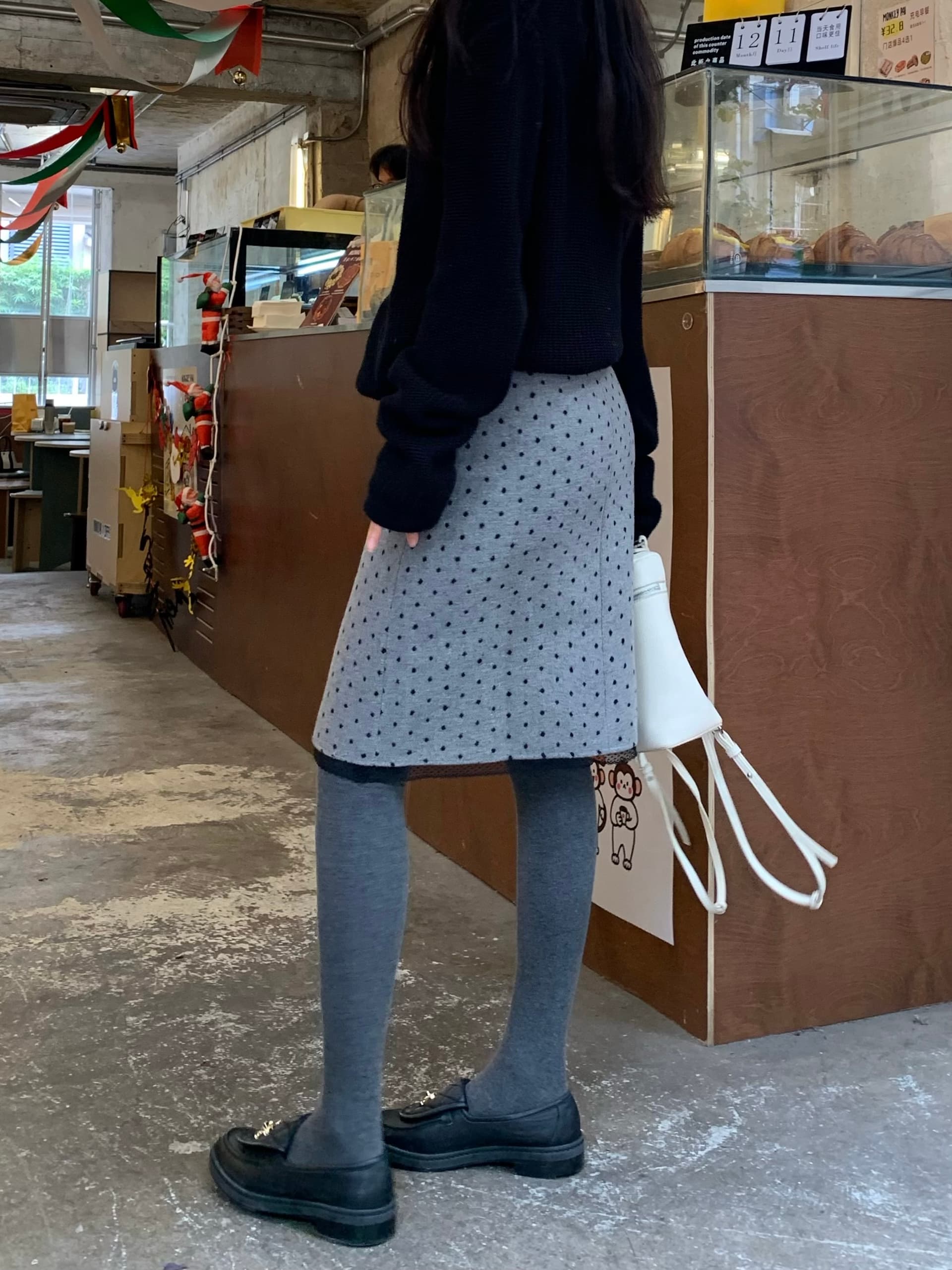 실사 정가 한 부서 레트로 레이스 측면 하이웨이스트 도트 무늬 연삭 털 반신 스커트 다용도 모직 중간 길이 스커트 상세 이미지 16