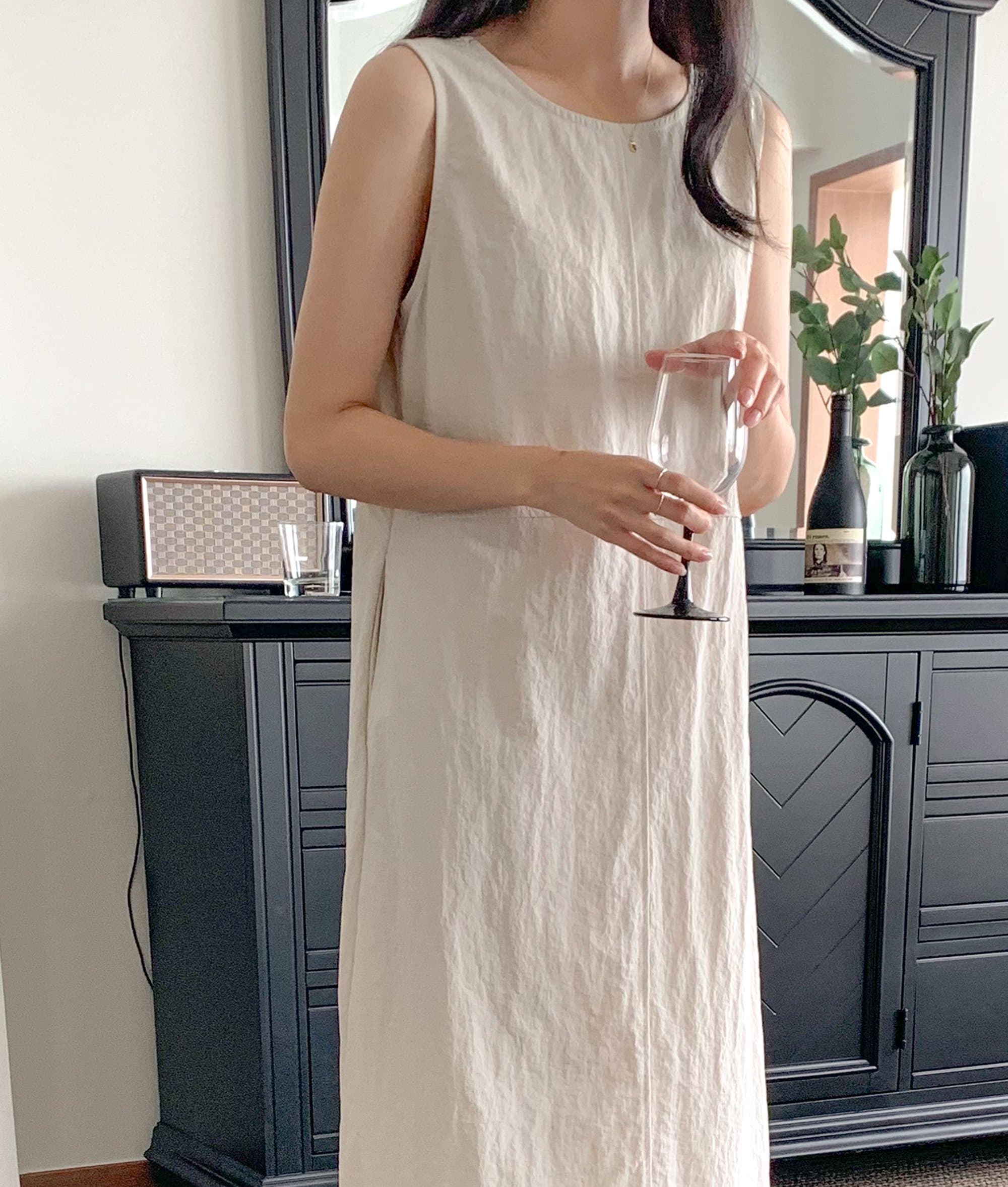 한국 chic 레트로 라운드 넥 명시적 스티치 백리스 디자인 루즈핏 롱 코트 조끼 면 린넨 여성 드레스 상세 이미지 15
