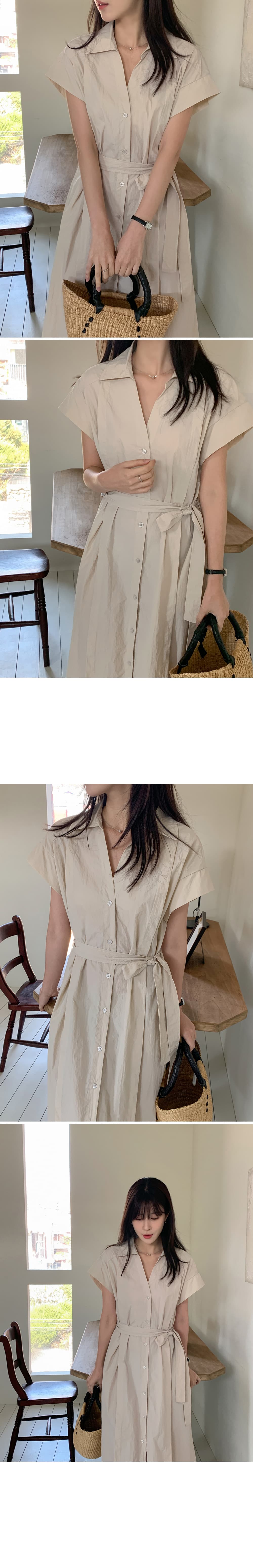 한국 chic 품격 폴로 칼라 싱글 줄 버튼 루즈핏 스트랩 허리 수축 슬림해 보이는 셔츠 드레스 상세 이미지 5