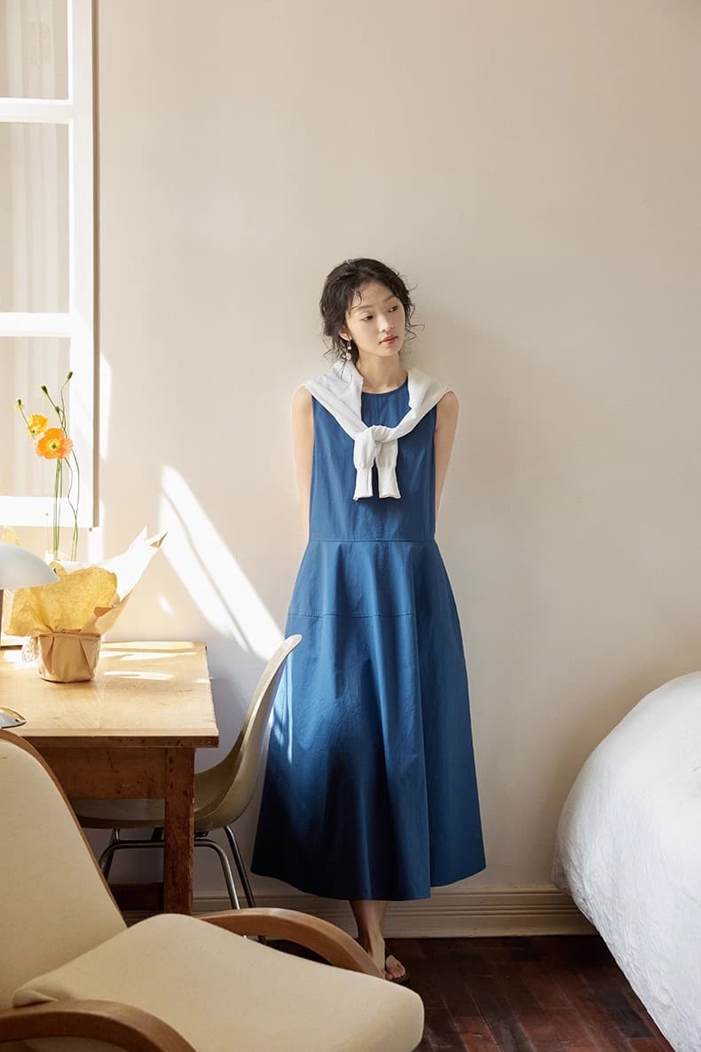 산 섬 목가적 인 엄마 여름 파란색 우아함 레트로 그는 벤 바람 드레스 미니멀리즘 라운드 넥 슬림해 보이는 중간 길이 치마 상세 이미지 6