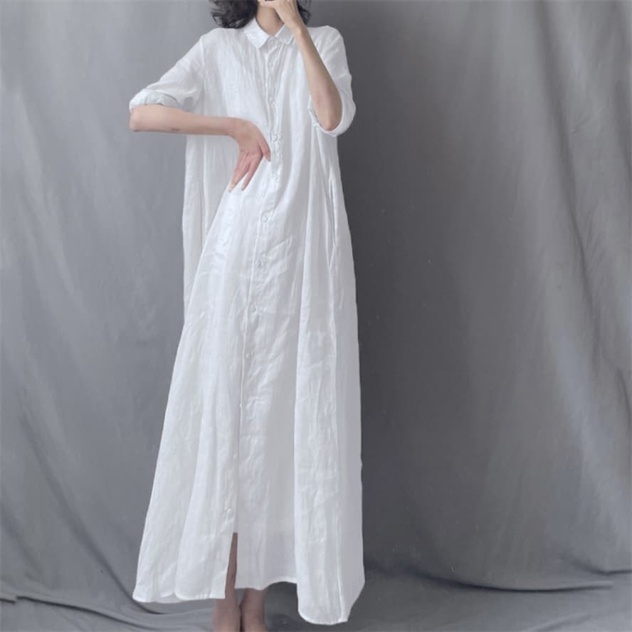 문예 루즈핏 라미 롱 코트 셔츠 드레스 폴로 칼라 루즈핏 우아한 투명한 드레스 여름 새로운
