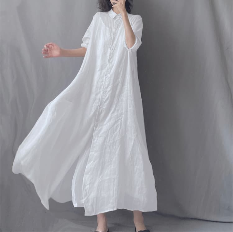문예 루즈핏 라미 롱 코트 셔츠 드레스 폴로 칼라 루즈핏 우아한 투명한 드레스 여름 새로운 상세 이미지 3
