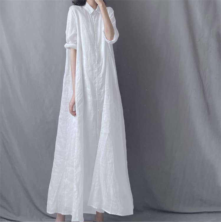 문예 루즈핏 라미 롱 코트 셔츠 드레스 폴로 칼라 루즈핏 우아한 투명한 드레스 여름 새로운 상세 이미지 4