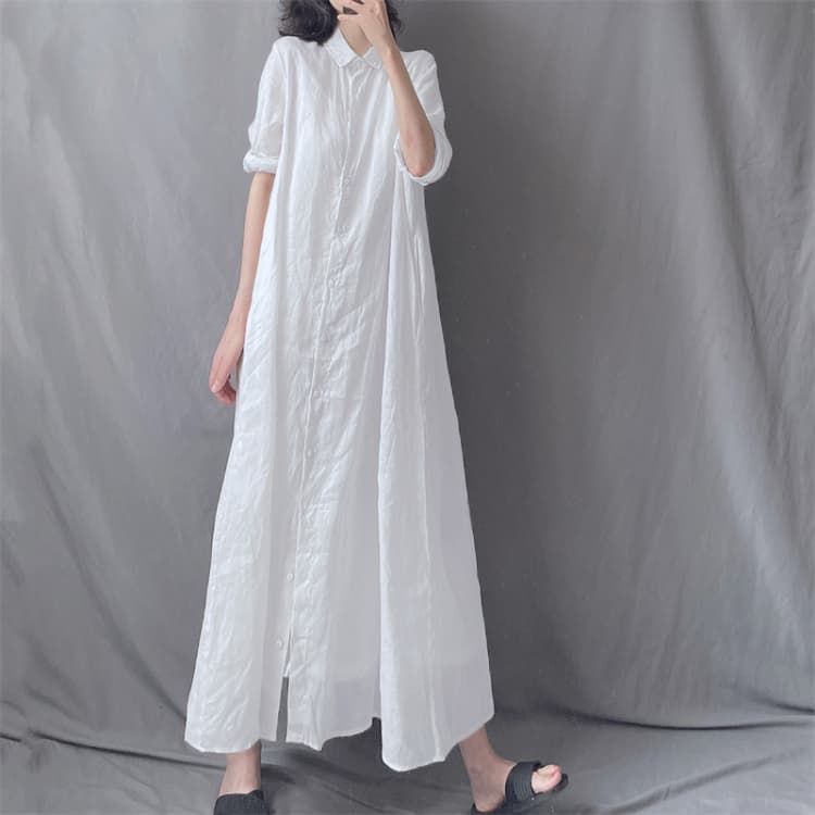 문예 루즈핏 라미 롱 코트 셔츠 드레스 폴로 칼라 루즈핏 우아한 투명한 드레스 여름 새로운 상세 이미지 8