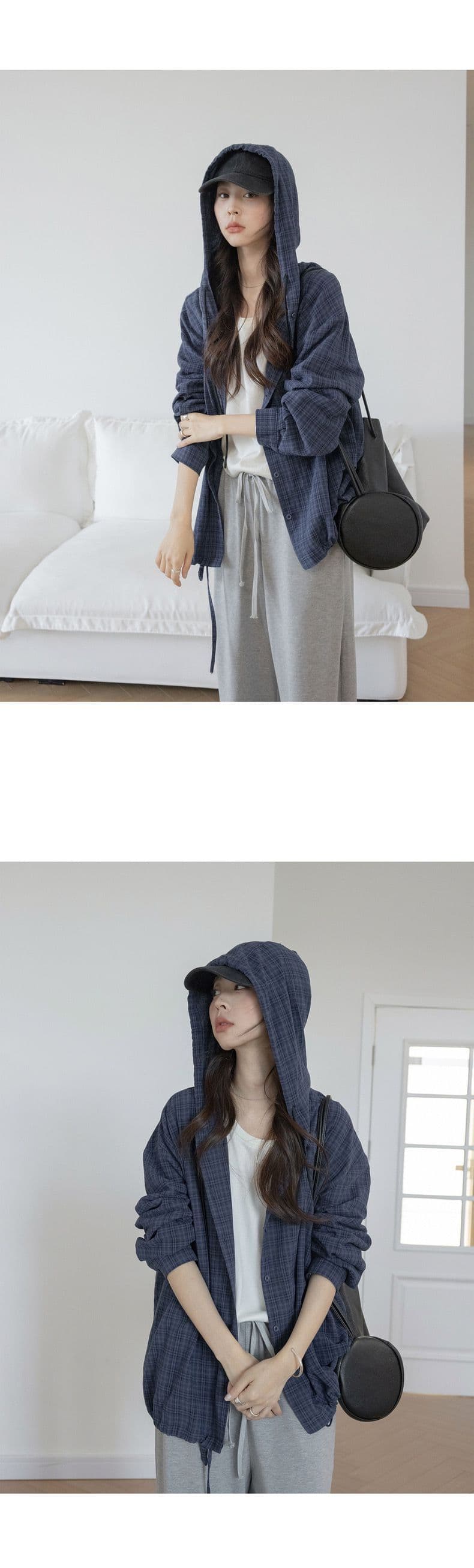 체크무늬 후드 자외선 차단 여성 셔츠 새로운 펌프 로프 문예 루즈핏 캐주얼 레트로 맨위 재킷 상세 이미지 4