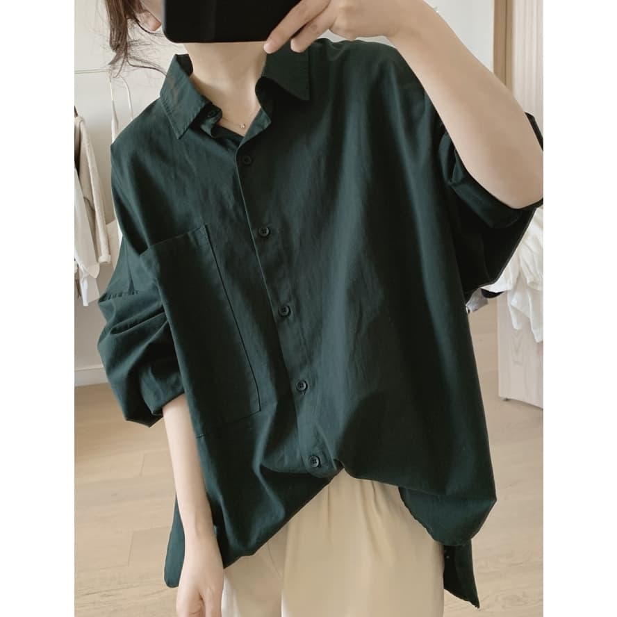 단색 면 린넨 셔츠 지방 mm 긴팔 폴로 칼라 패치워크 빅 사이즈 아마 맨위 셔츠 이미지 2