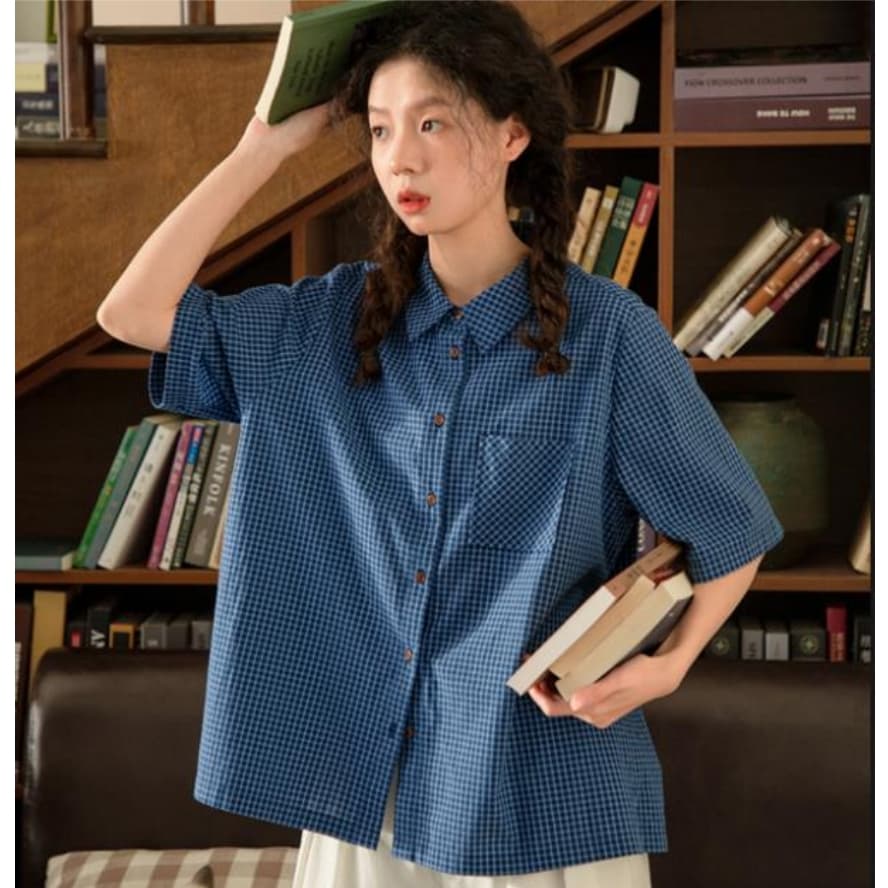 레트로 파란색 체크무늬 여성 셔츠 여름 얇은 스타일 캐주얼 탑 옷깃 순면 셔츠 이미지 3