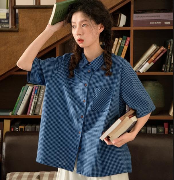 레트로 파란색 체크무늬 여성 셔츠 여름 얇은 스타일 캐주얼 탑 옷깃 순면 셔츠 상세 이미지 3
