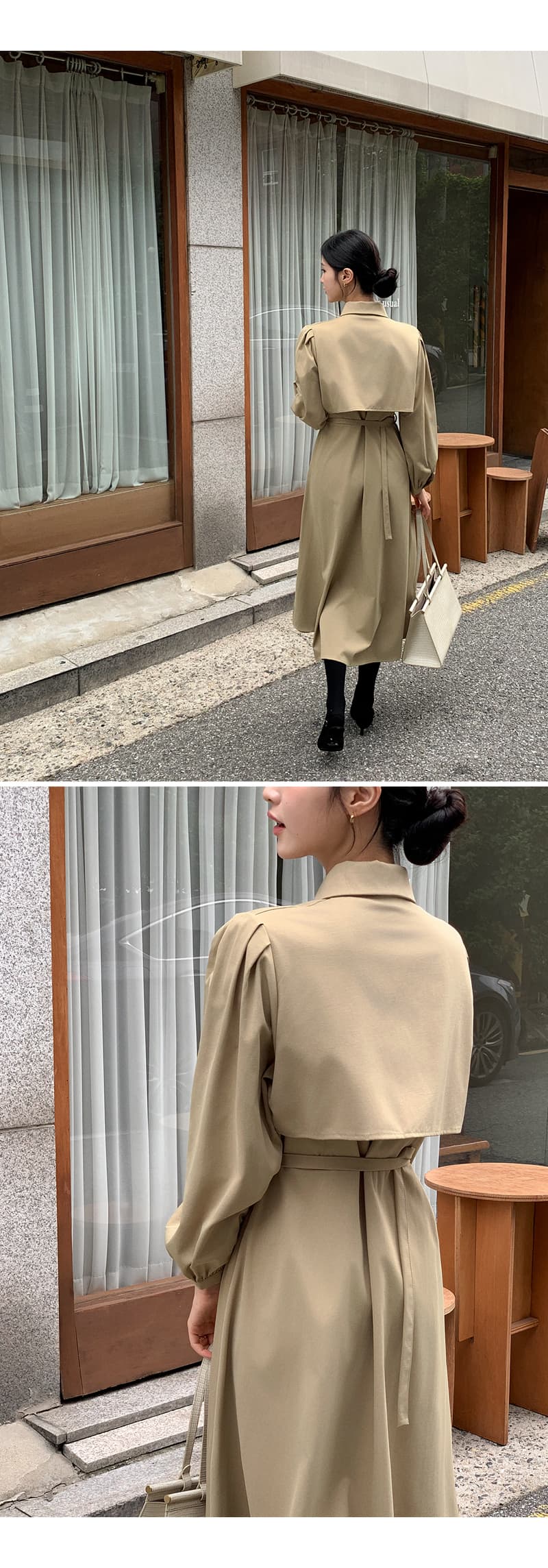 한국 chic 레트로 품격 망토 패치워크 스타일 레이스업 거품 소매 허리 수축 드레스 상세 이미지 10