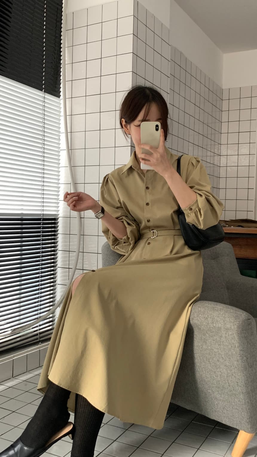 한국 chic 레트로 품격 망토 패치워크 스타일 레이스업 거품 소매 허리 수축 드레스 이미지 3